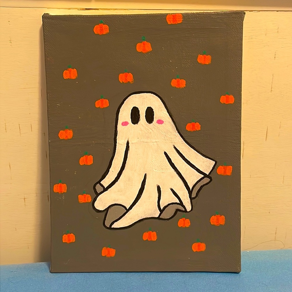Painting on canvas. Colors:white,grey,black,pink,orange,green